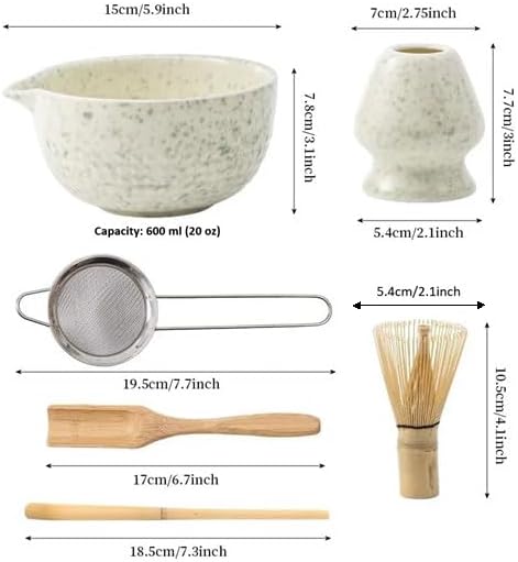 6-Piece Japanese Matcha Whisk Set – Ceramic Bowl with Spout, Bamboo Whisk, Scoop & Sifter