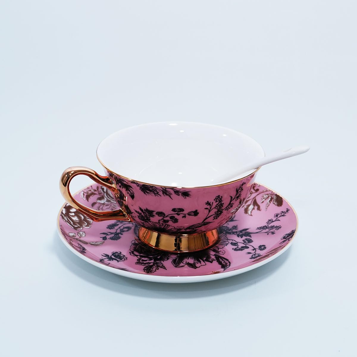 Bone China Floral Tea Cup & Saucer Set with Spoon – 7 oz