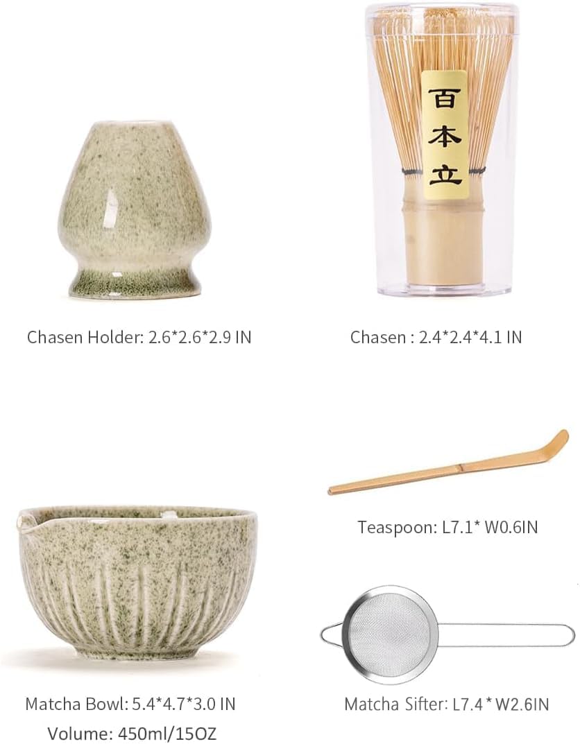 Tang Pin 5-Piece Matcha Set – 15oz Mottled Green Ceramic Bowl, Whisk, Scoop & Chasen Holder