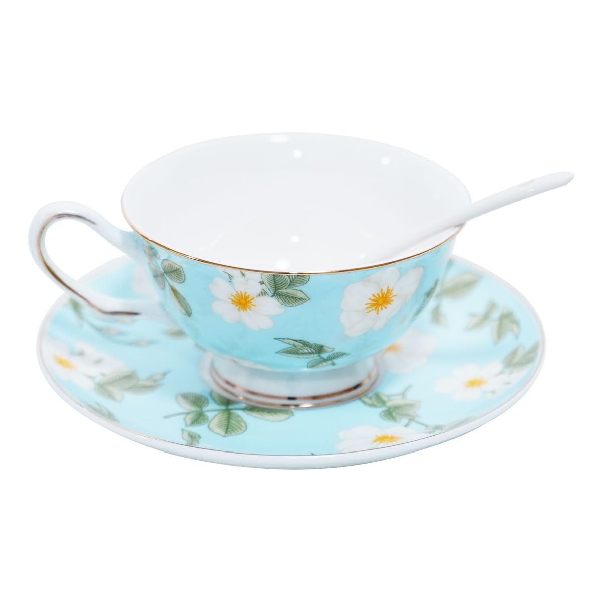 Bone China Floral Tea Cup & Saucer Set with Spoon – 7 oz