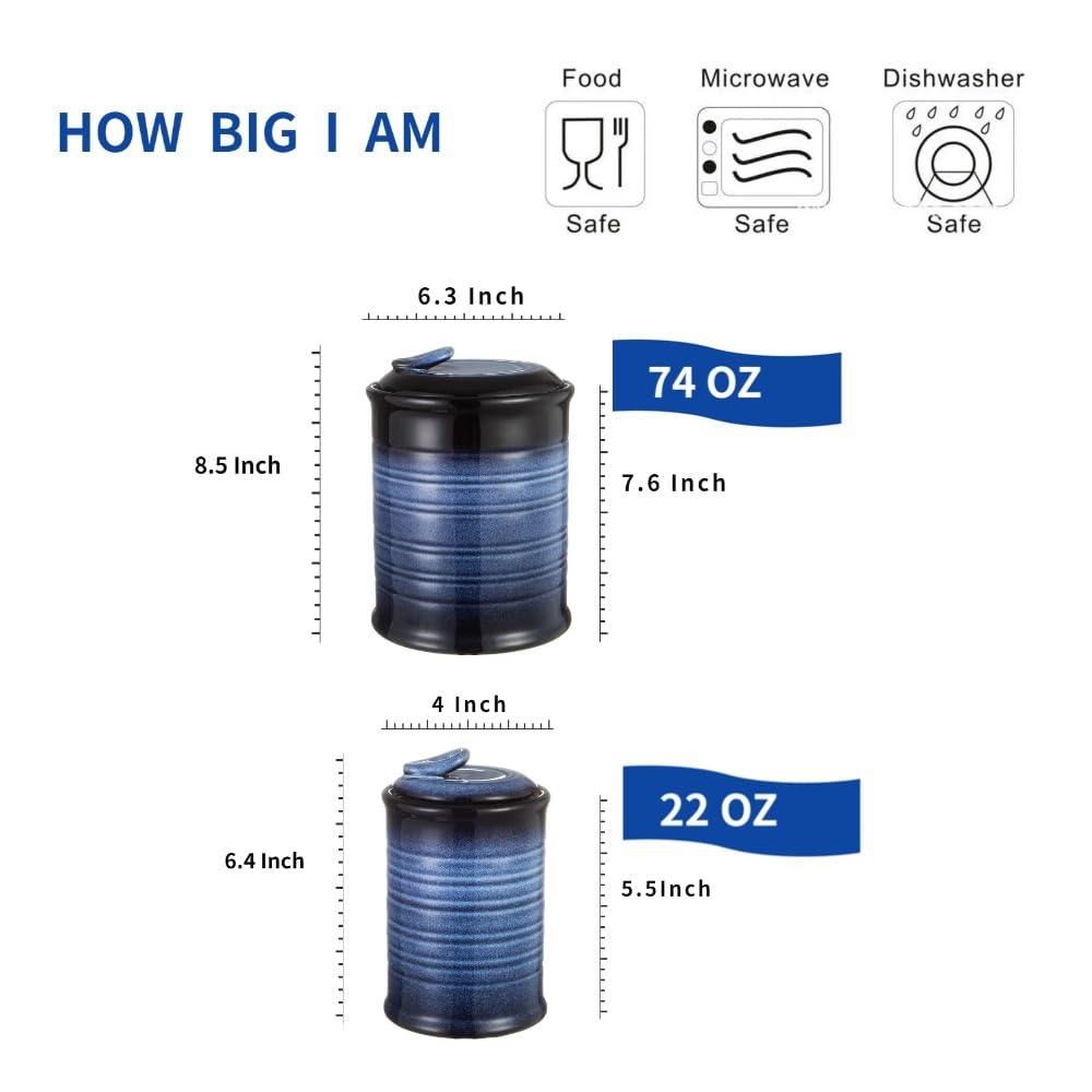 Nihow Blue Ceramic Canister Set of 4 – Airtight Lids, 13/22/47/74 oz, Dishwasher Safe