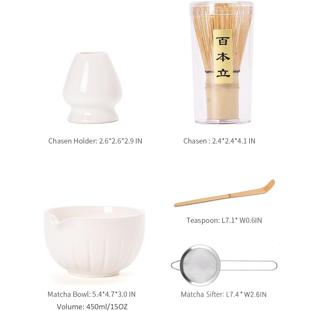 Tang Pin 5-Piece Matcha Set – 15oz Mottled Green Ceramic Bowl, Whisk, Scoop & Chasen Holder