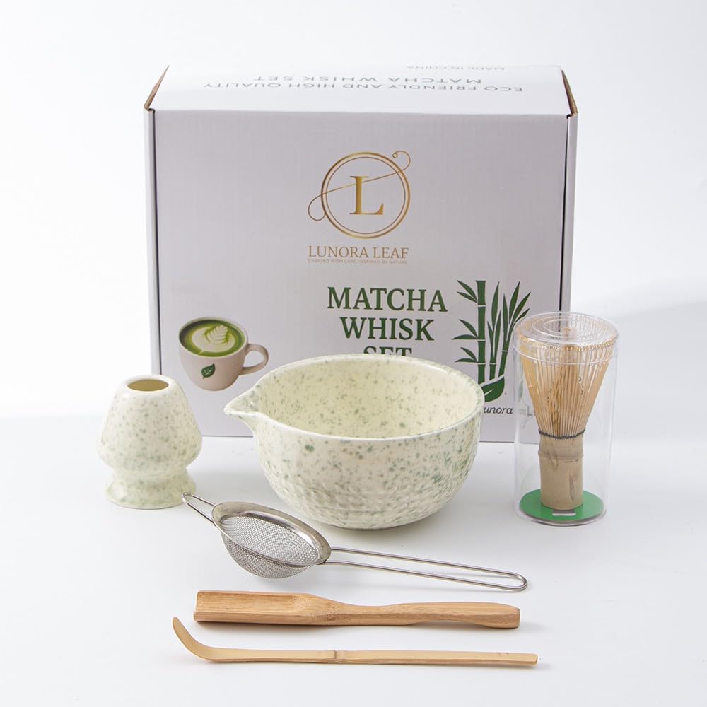 6-Piece Japanese Matcha Whisk Set – Ceramic Bowl with Spout, Bamboo Whisk, Scoop & Sifter