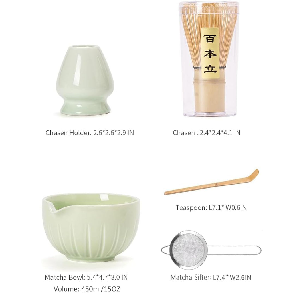 Tang Pin 5-Piece Matcha Set – 15oz Mottled Green Ceramic Bowl, Whisk, Scoop & Chasen Holder