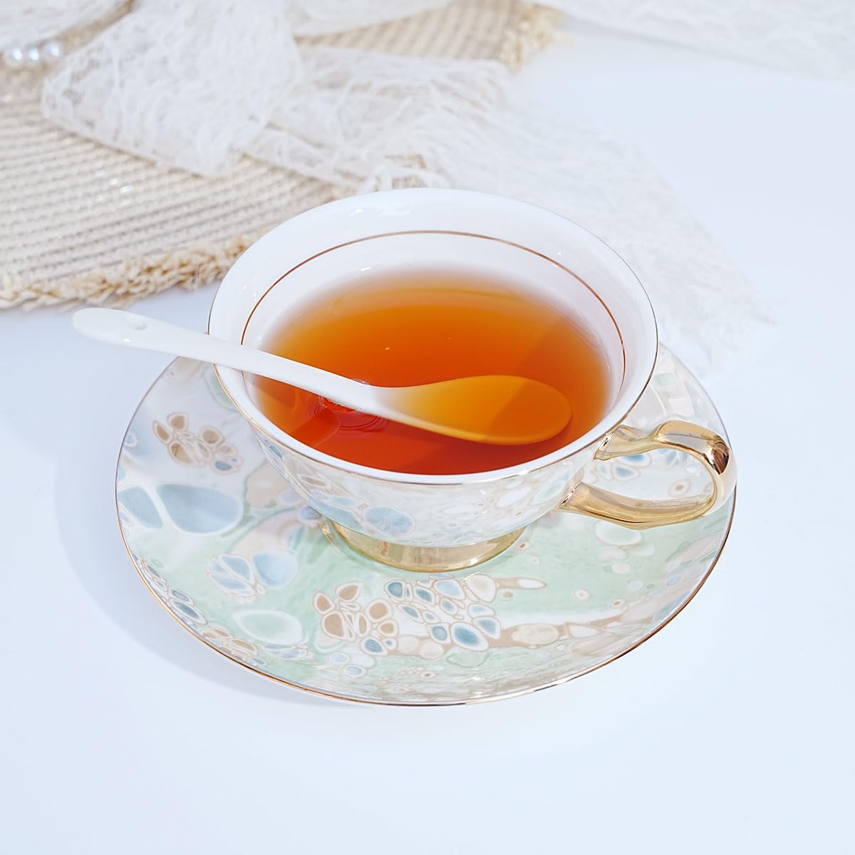 Bone China Floral Tea Cup & Saucer Set with Spoon – 7 oz
