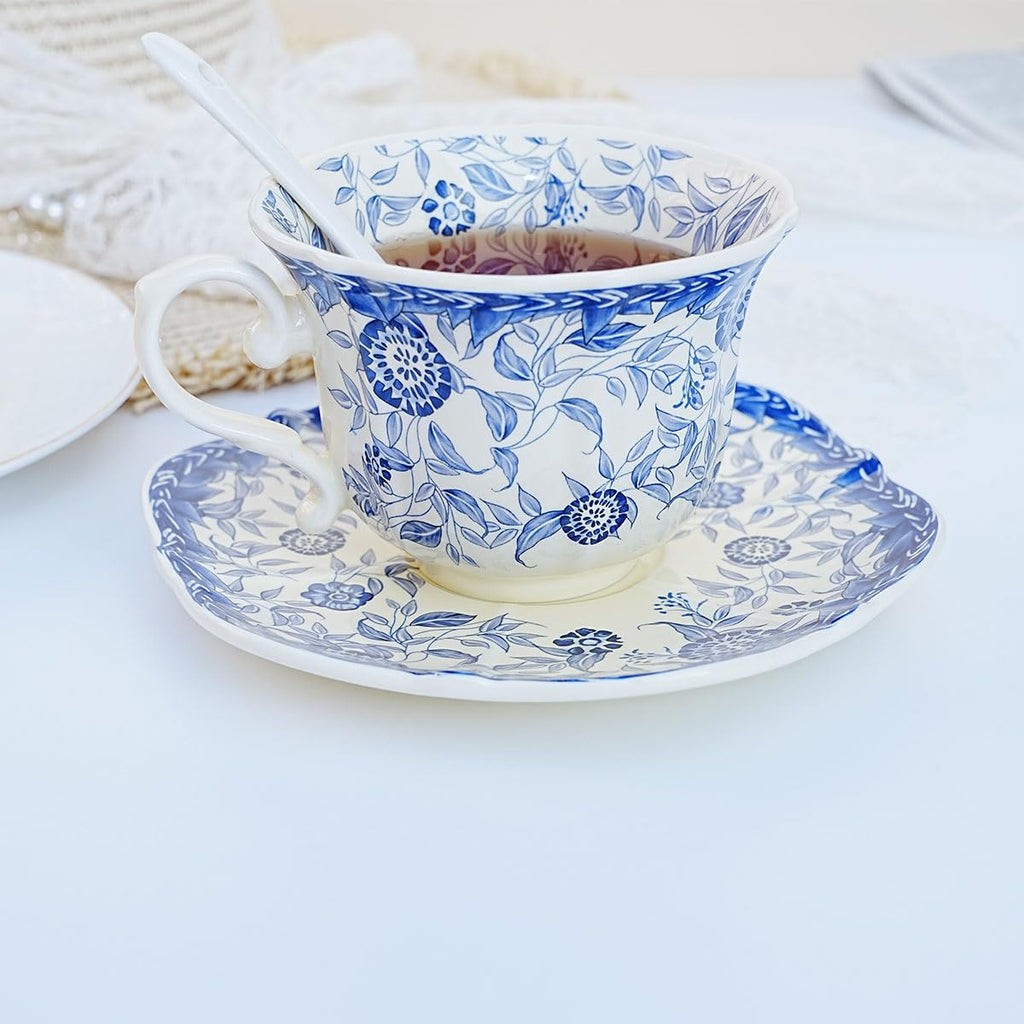 Bone China Floral Tea Cup & Saucer Set with Spoon – 7 oz