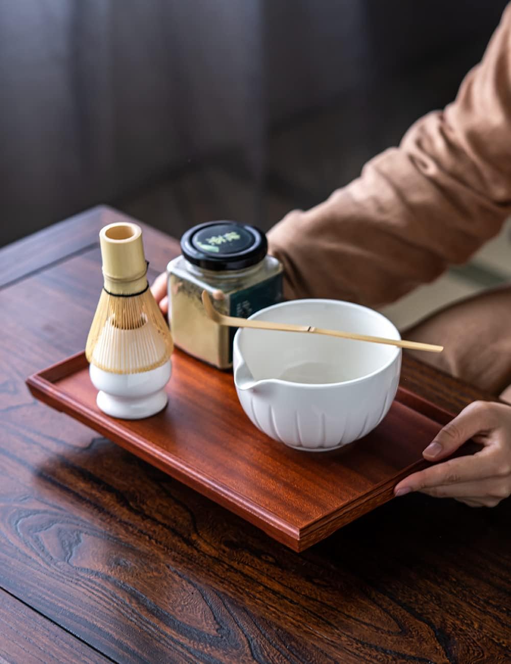 Tang Pin 5-Piece Matcha Set – 15oz Mottled Green Ceramic Bowl, Whisk, Scoop & Chasen Holder