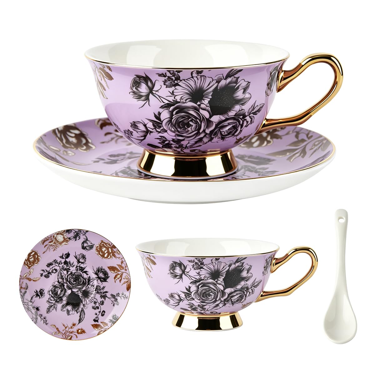 Bone China Floral Tea Cup & Saucer Set with Spoon – 7 oz