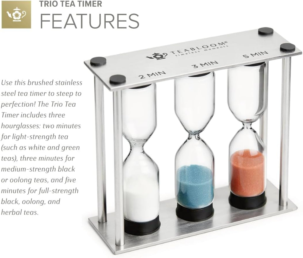 Teabloom 3-Setting Tea Timer – 2, 3 & 5 Minute Hourglass