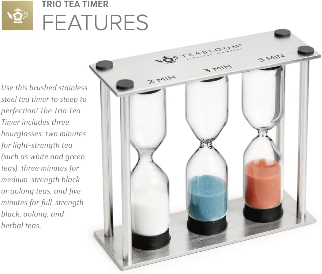 Teabloom 3-Setting Tea Timer – 2, 3 & 5 Minute Hourglass