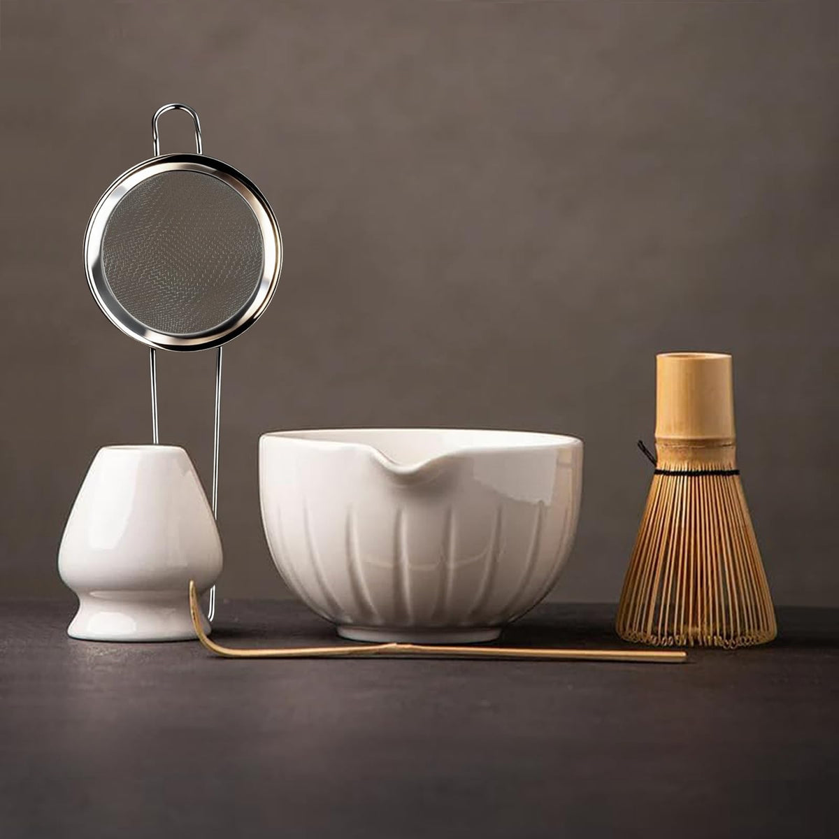 Tang Pin 5-Piece Matcha Set – 15oz Mottled Green Ceramic Bowl, Whisk, Scoop & Chasen Holder