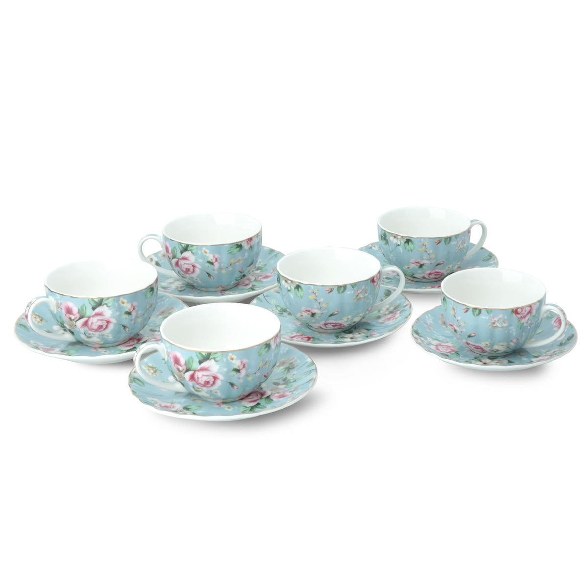Floral Porcelain Tea Cups & Saucers Set of 6 – Midnight Blue