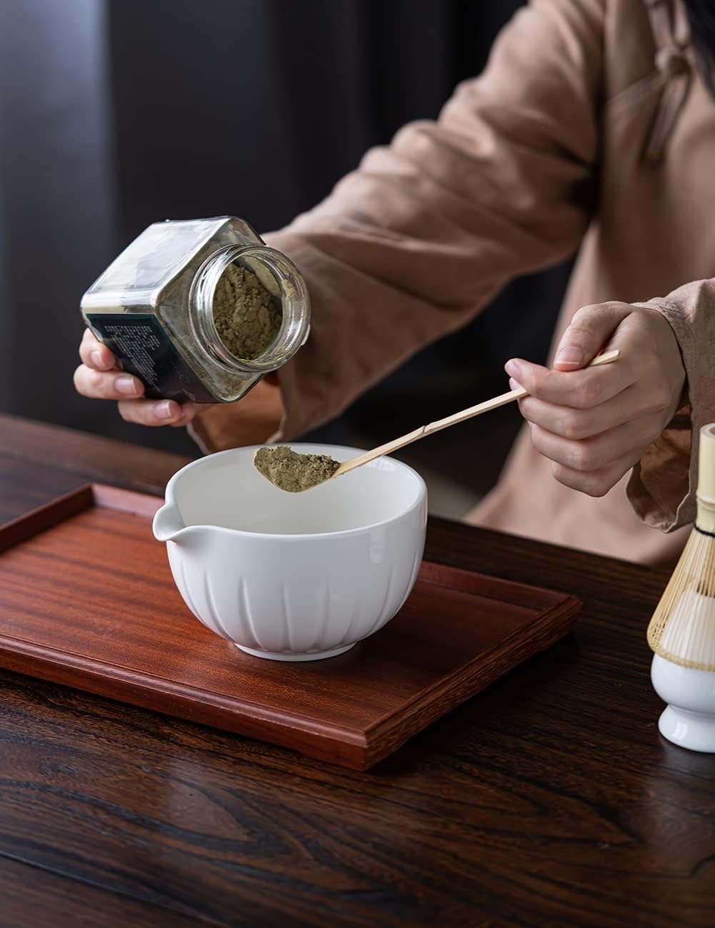 Tang Pin 5-Piece Matcha Set – 15oz Mottled Green Ceramic Bowl, Whisk, Scoop & Chasen Holder