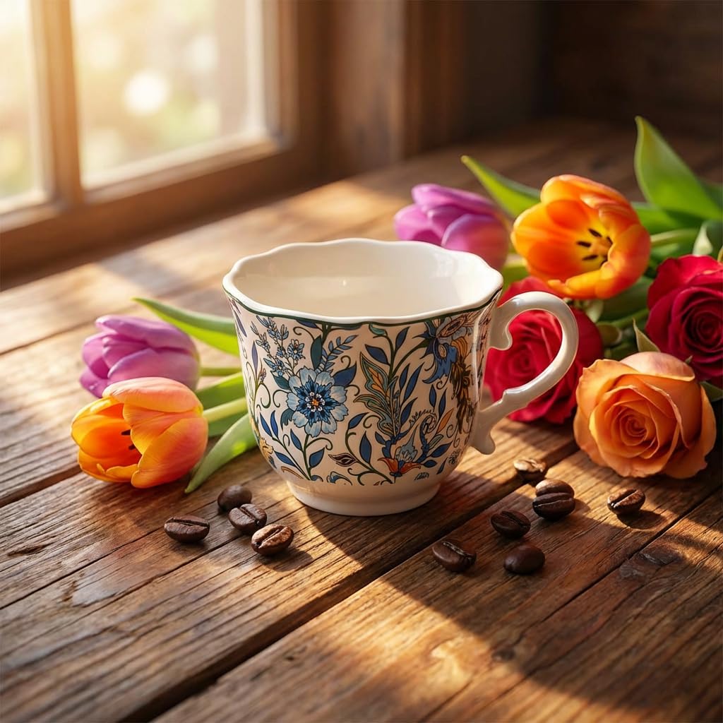 Bone China Floral Tea Cup & Saucer Set with Spoon – 7 oz