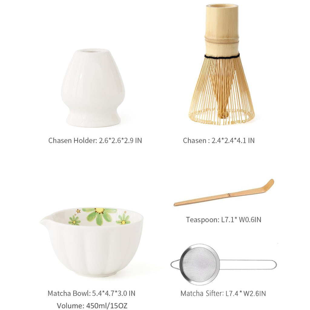Tang Pin 5-Piece Matcha Set – 15oz Mottled Green Ceramic Bowl, Whisk, Scoop & Chasen Holder