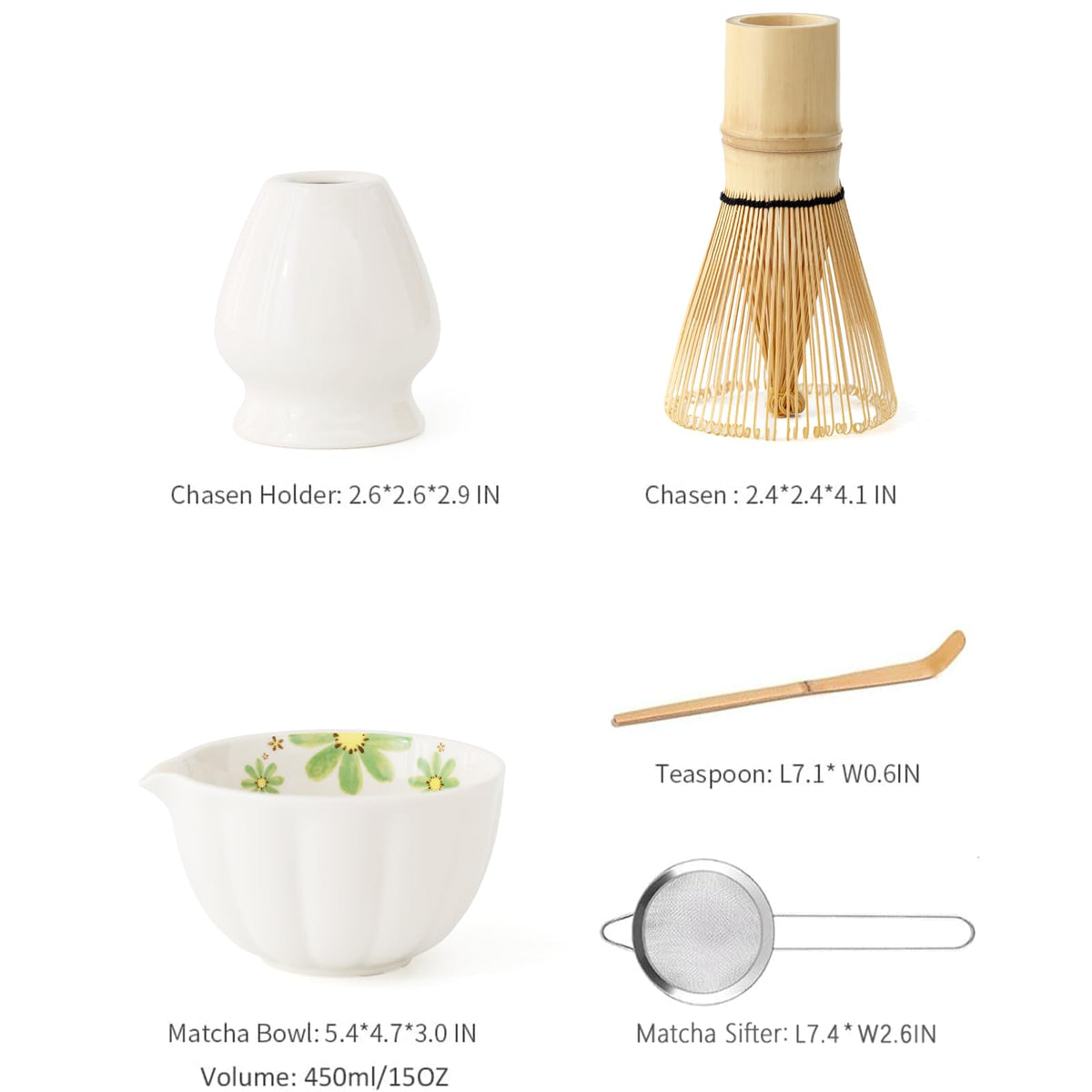 Tang Pin 5-Piece Matcha Set – 15oz Mottled Green Ceramic Bowl, Whisk, Scoop & Chasen Holder