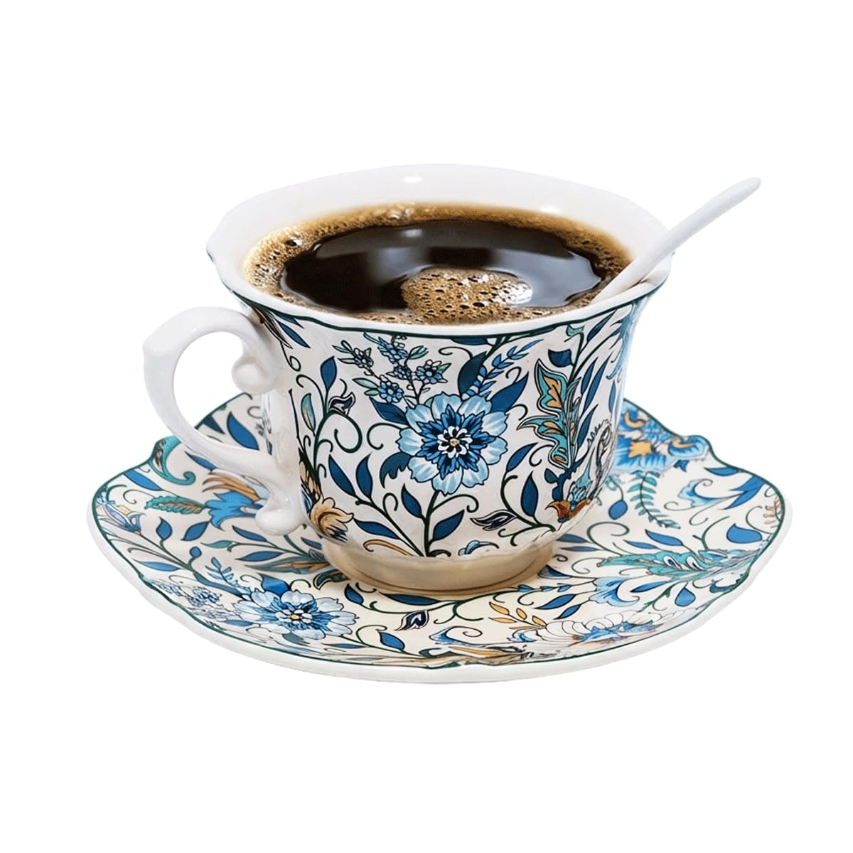 Bone China Floral Tea Cup & Saucer Set with Spoon – 7 oz