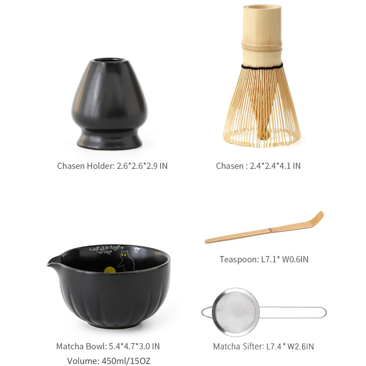 Tang Pin 5-Piece Matcha Set – 15oz Mottled Green Ceramic Bowl, Whisk, Scoop & Chasen Holder