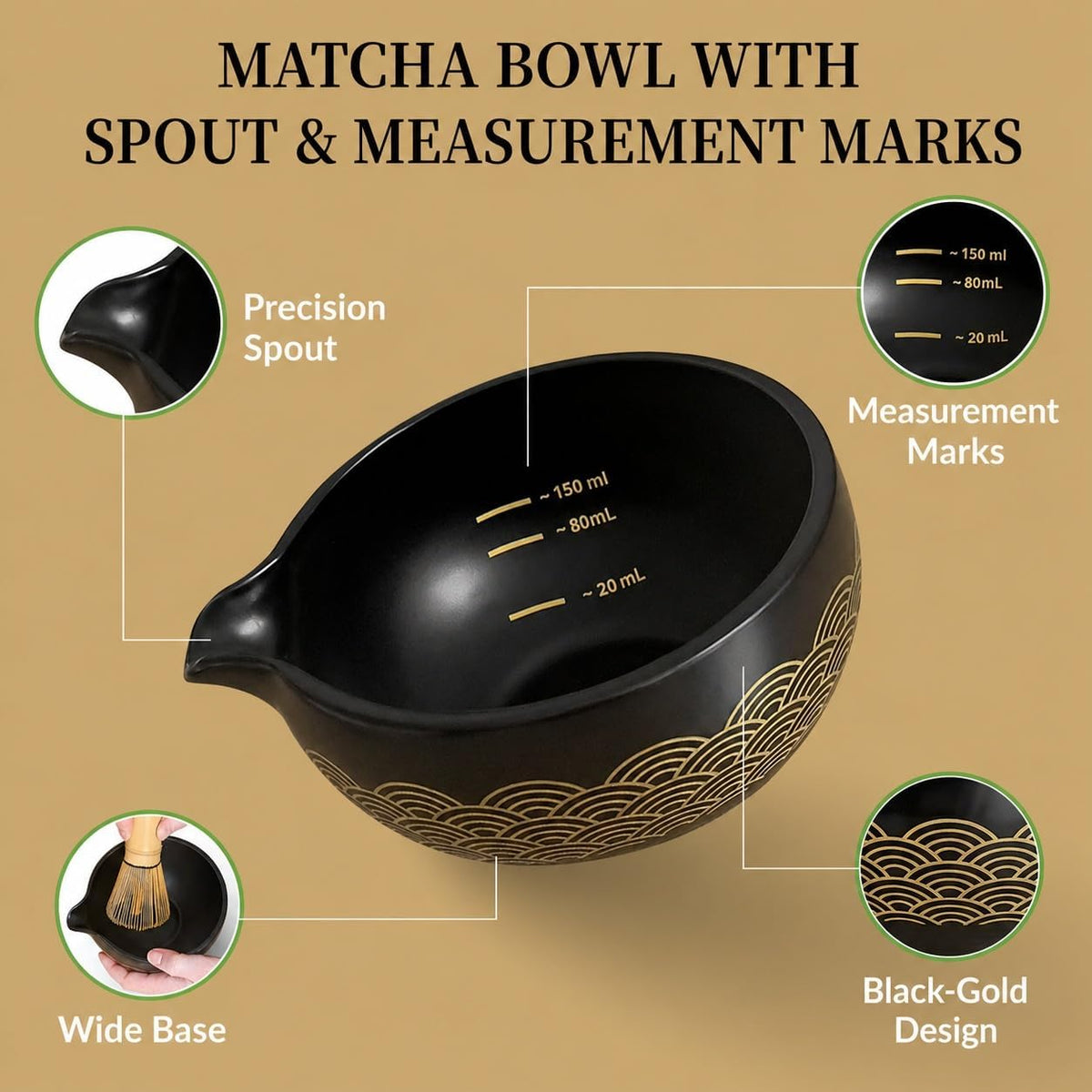8-Piece Japanese Matcha Set – Spout Bowl with Measurement Marks, 100-Bristle Whisk & Crane Spoon Holder