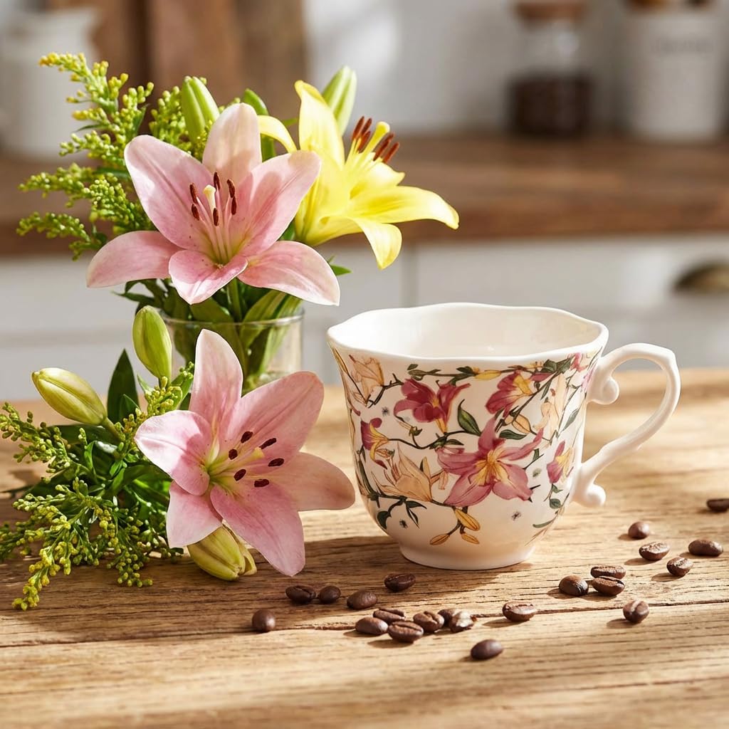 Bone China Floral Tea Cup & Saucer Set with Spoon – 7 oz