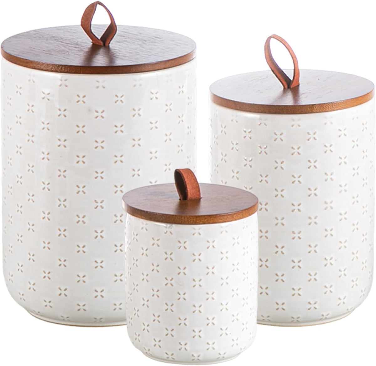 Mowtanco White Embossed Ceramic Canister Set of 3 – Airtight Bamboo Lids, 12/30/48 oz