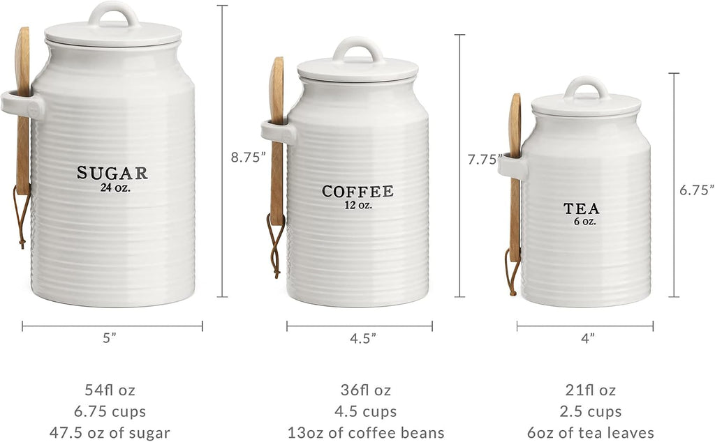 Barnyard Designs Ceramic Kitchen Canister Set of 3 – White Farmhouse, Coffee/Sugar/Tea, Airtight