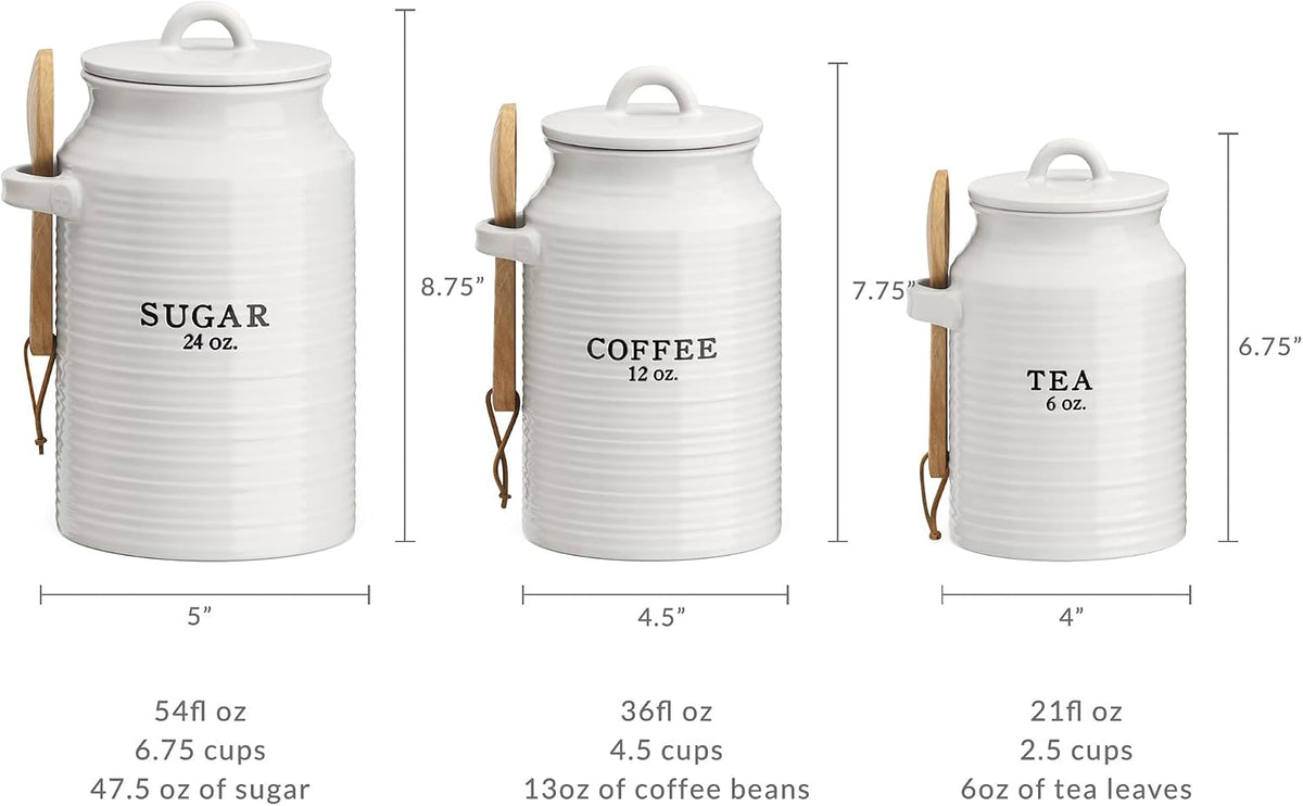 Barnyard Designs Ceramic Kitchen Canister Set of 3 – White Farmhouse, Coffee/Sugar/Tea, Airtight