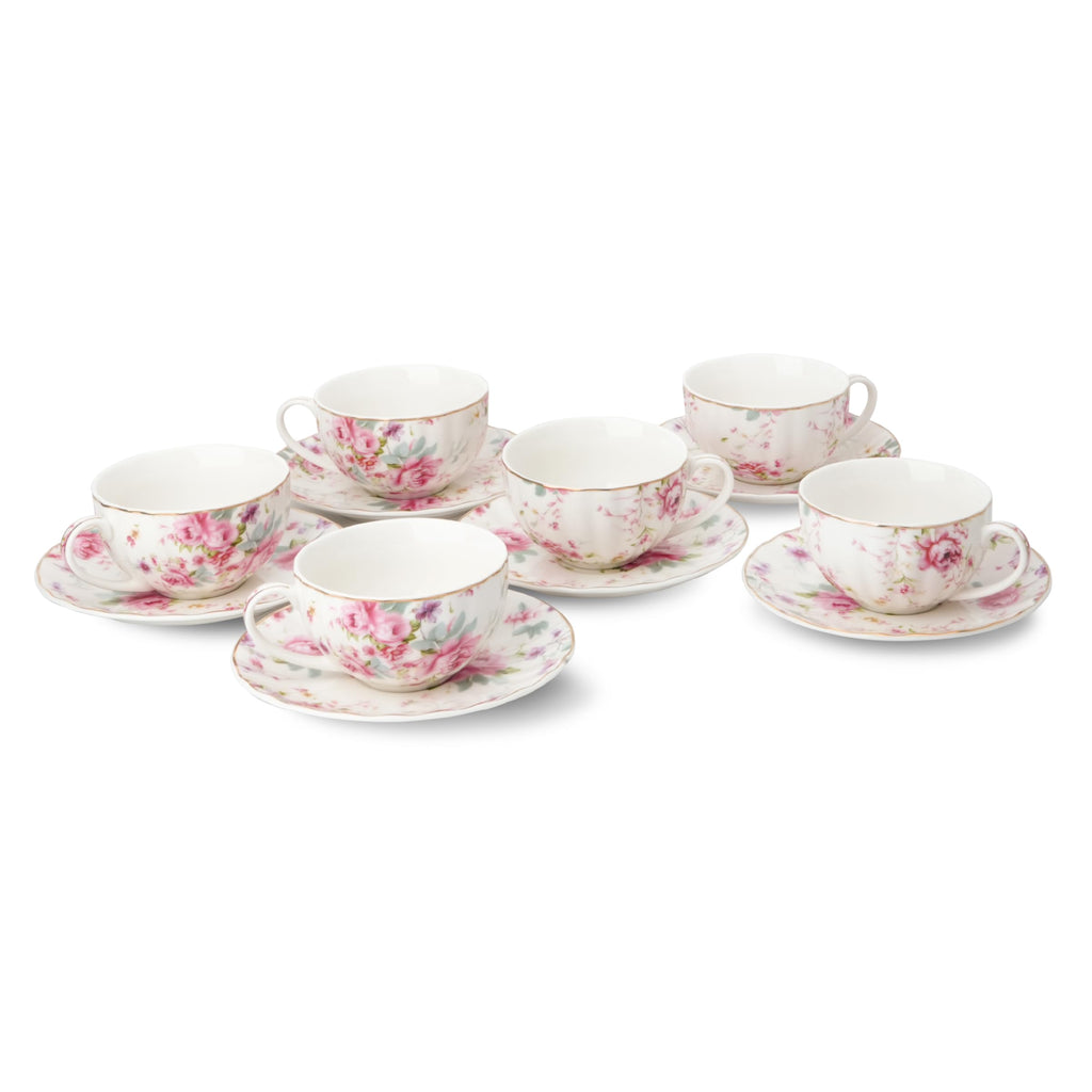 Floral Porcelain Tea Cups & Saucers Set of 6 – Midnight Blue