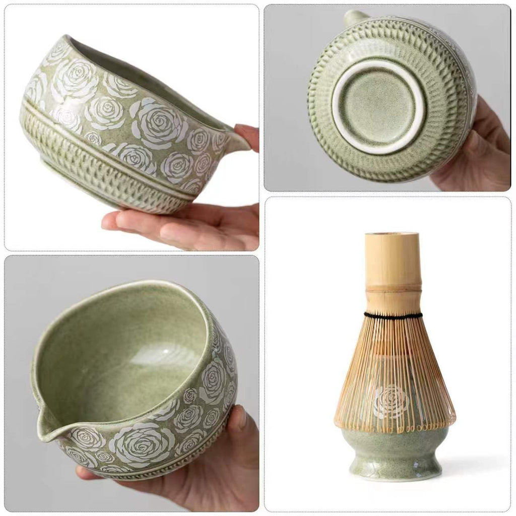 Buucup 7-Piece Green Ceramic Matcha Set – Bowl, Bamboo Whisk, Scoop, Holder, Rest, Sifter & Tea Towel