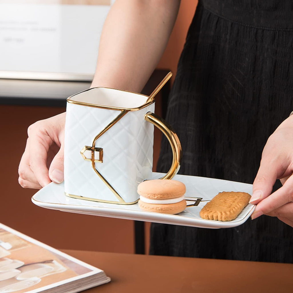 Handbag-Shaped Ceramic Tea & Coffee Mug Set of 4 – Gold Accent, 10 oz
