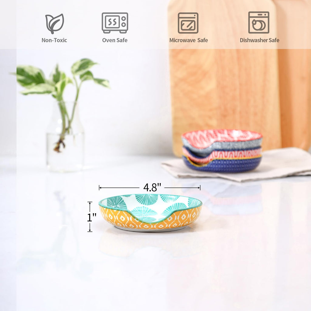 Selamica Ceramic Spoon Rest Set of 4 with Metal Holder – 4.8", Assorted Colors