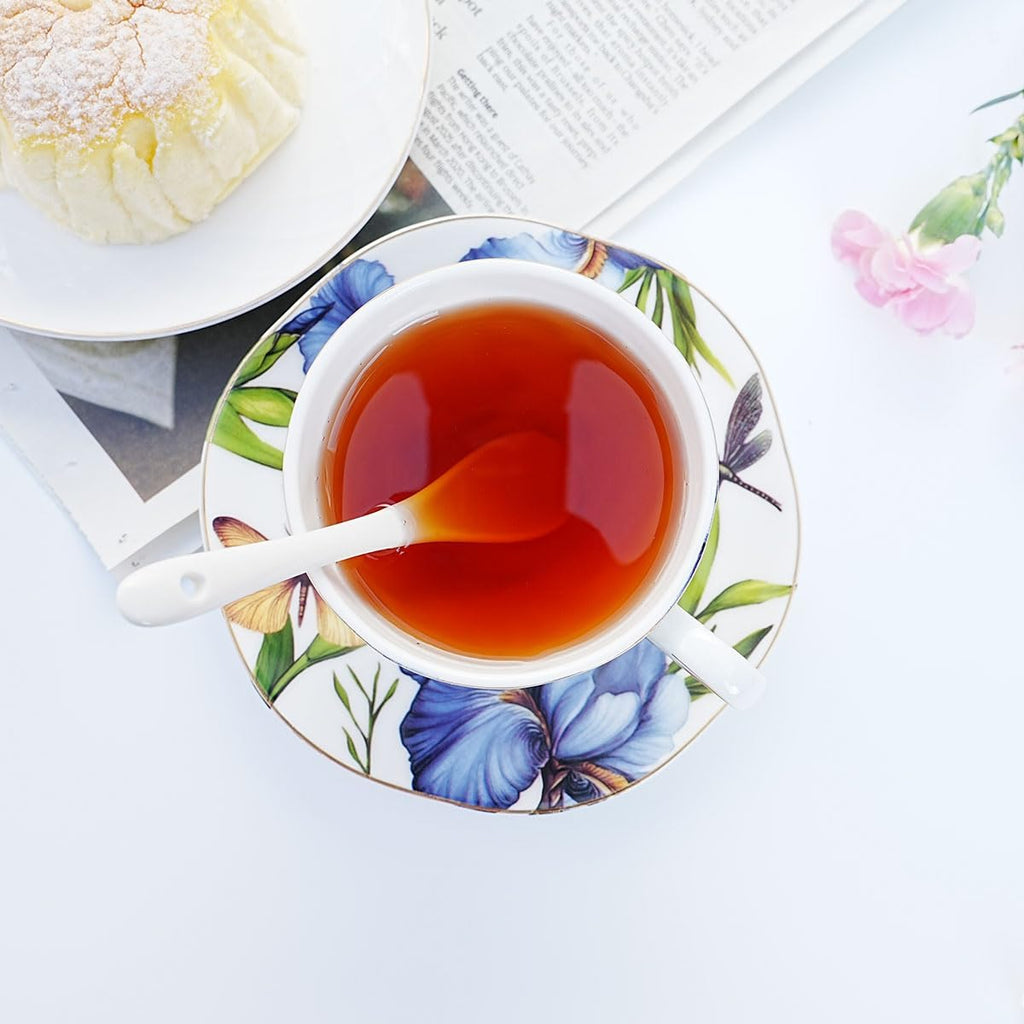 Bone China Floral Tea Cup & Saucer Set with Spoon – 7 oz