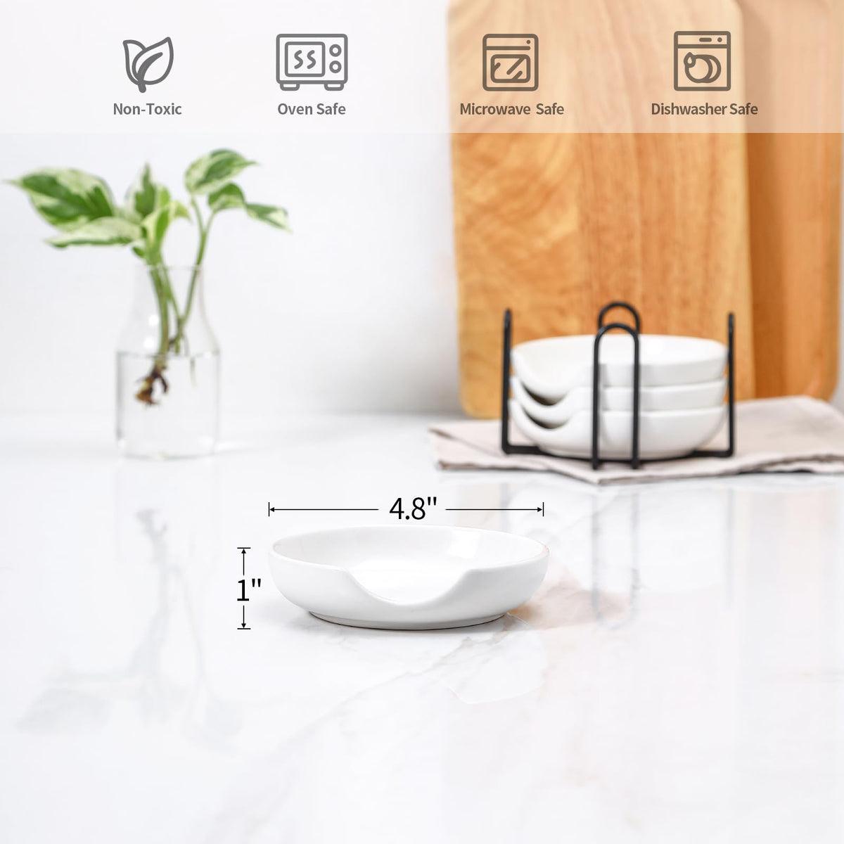 Selamica Ceramic Spoon Rest Set of 4 with Metal Holder – 4.8", Assorted Colors