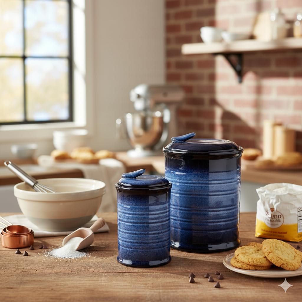 Nihow Blue Ceramic Canister Set of 4 – Airtight Lids, 13/22/47/74 oz, Dishwasher Safe
