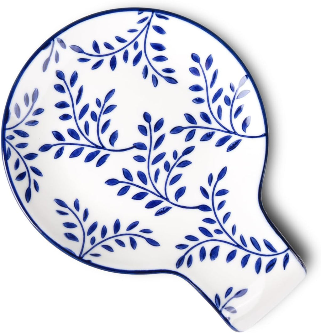 Ceramic Vintage Spoon Rest – 5.5" Blue & White Leaf, Porcelain