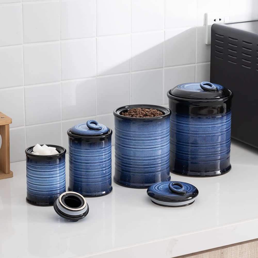 Nihow Blue Ceramic Canister Set of 4 – Airtight Lids, 13/22/47/74 oz, Dishwasher Safe