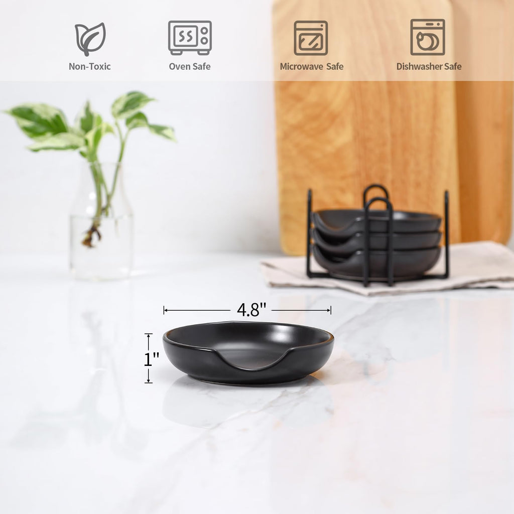 Selamica Ceramic Spoon Rest Set of 4 with Metal Holder – 4.8", Assorted Colors