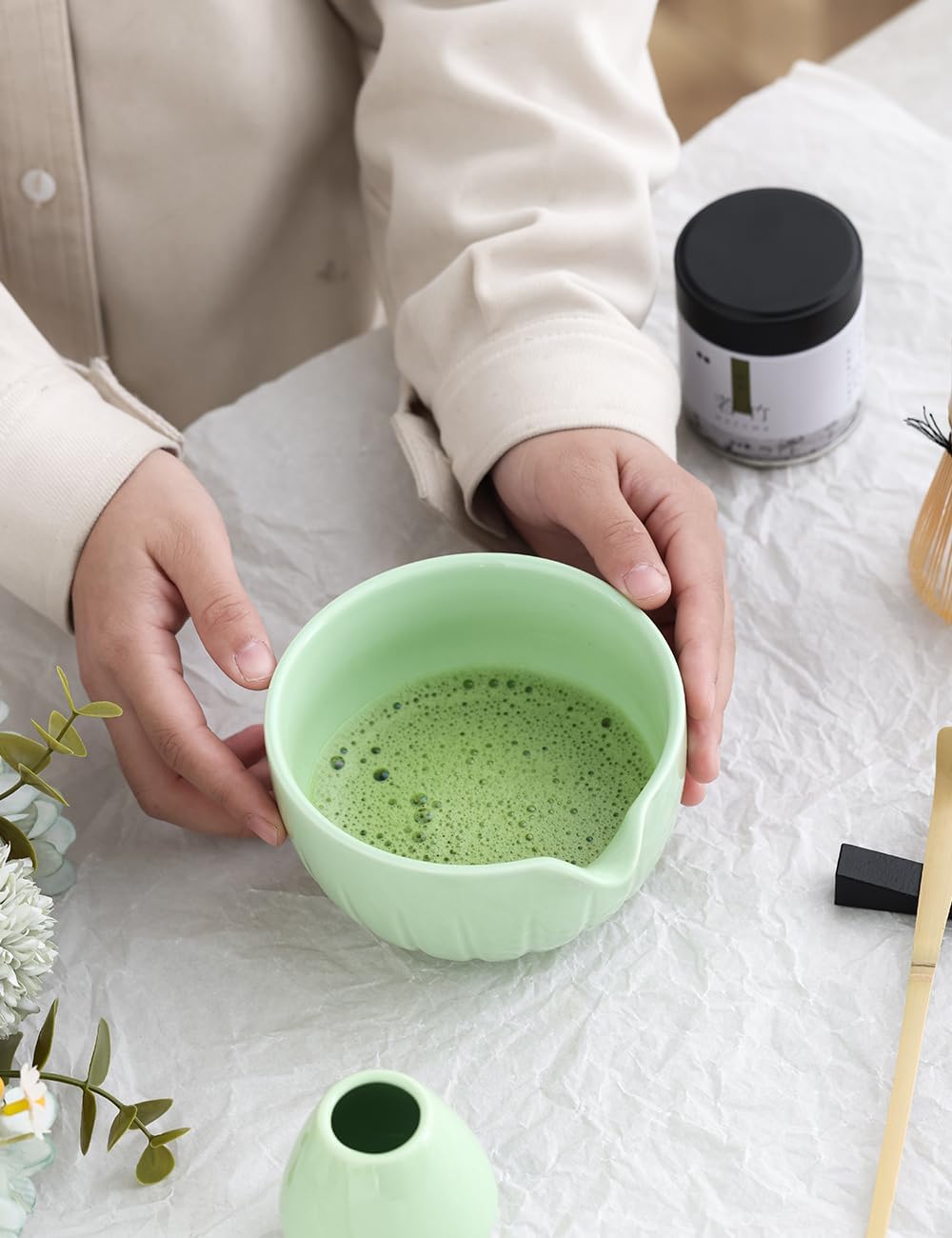 Tang Pin 5-Piece Matcha Set – 15oz Mottled Green Ceramic Bowl, Whisk, Scoop & Chasen Holder