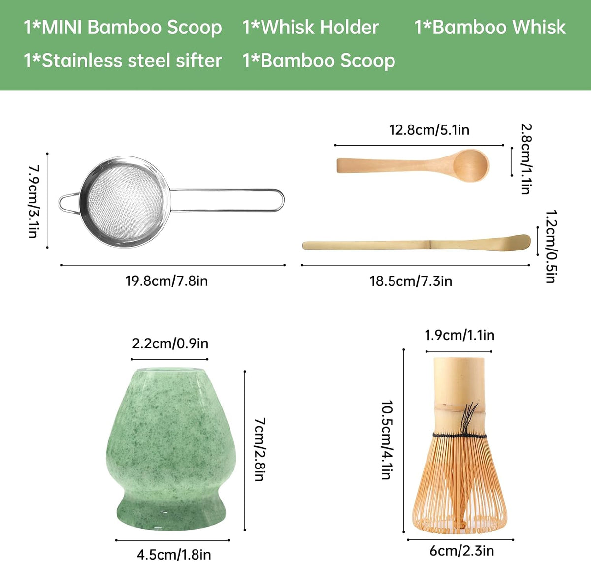 5-Piece Matcha Whisk Set – Green Ceramic Chawan, Bamboo Whisk, Scoop & Sifter