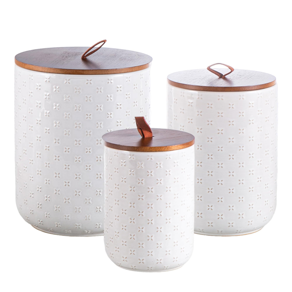 Mowtanco White Embossed Ceramic Canister Set of 3 – Airtight Bamboo Lids, 12/30/48 oz