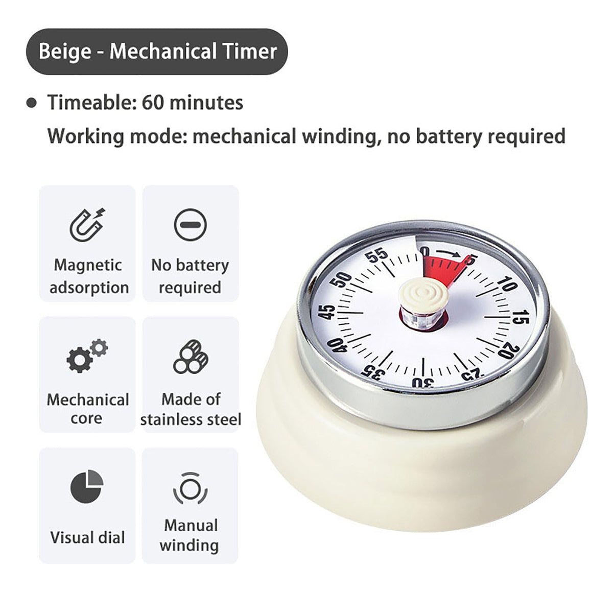 Vintage Stainless Steel Magnetic Kitchen Timer – 60 Min