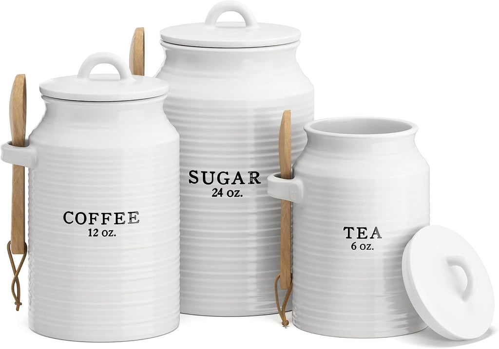 Barnyard Designs Ceramic Kitchen Canister Set of 3 – White Farmhouse, Coffee/Sugar/Tea, Airtight