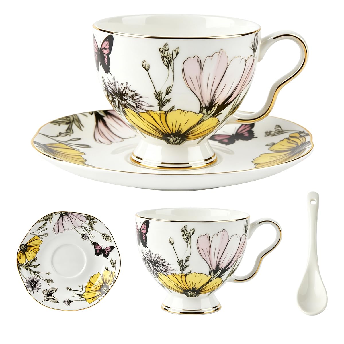 Bone China Floral Tea Cup & Saucer Set with Spoon – 7 oz