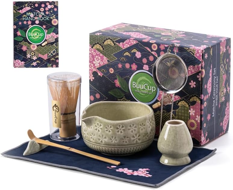 Buucup 7-Piece Green Ceramic Matcha Set – Bowl, Bamboo Whisk, Scoop, Holder, Rest, Sifter & Tea Towel
