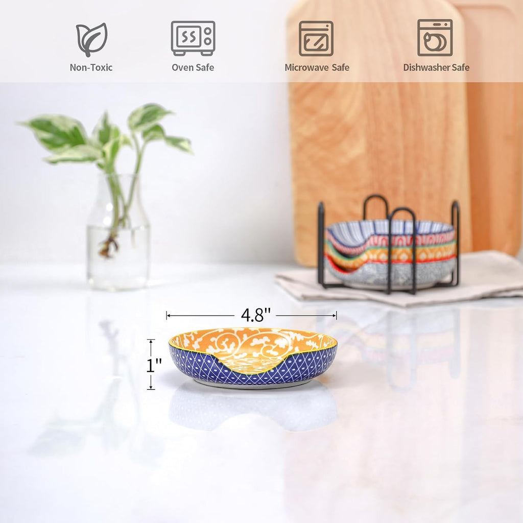 Selamica Ceramic Spoon Rest Set of 4 with Metal Holder – 4.8", Assorted Colors