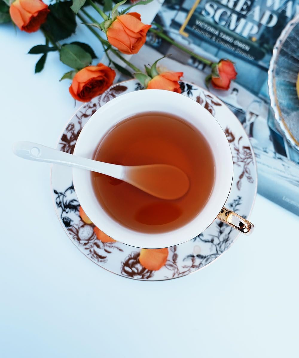 Bone China Floral Tea Cup & Saucer Set with Spoon – 7 oz