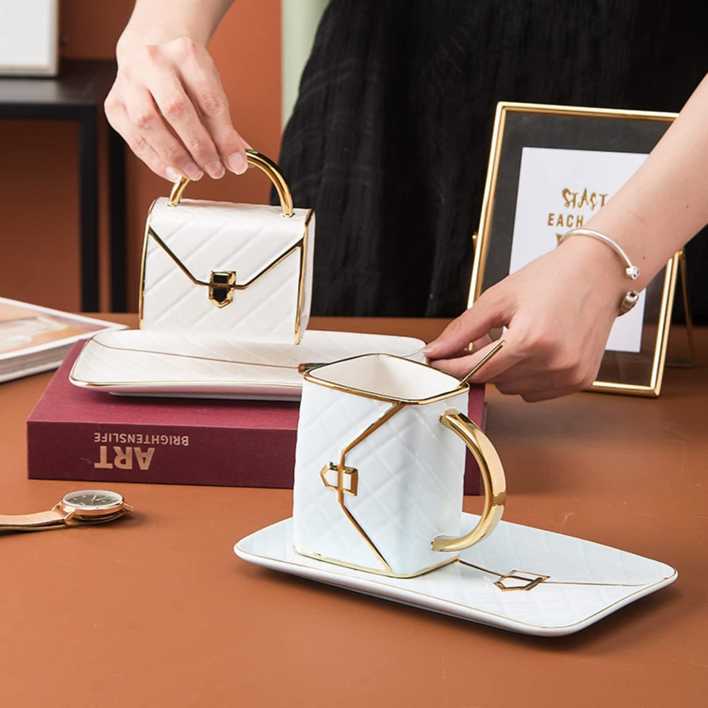 Handbag-Shaped Ceramic Tea & Coffee Mug Set of 4 – Gold Accent, 10 oz