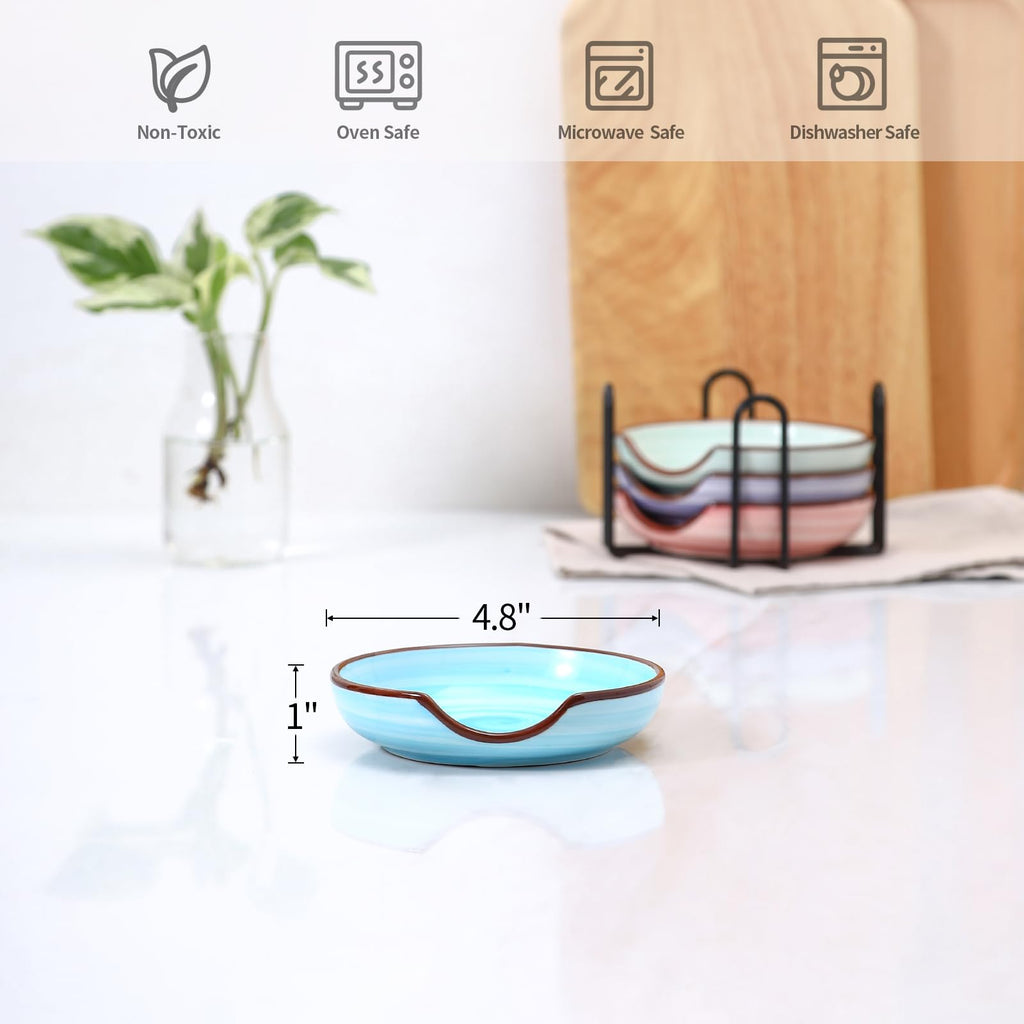 Selamica Ceramic Spoon Rest Set of 4 with Metal Holder – 4.8", Assorted Colors