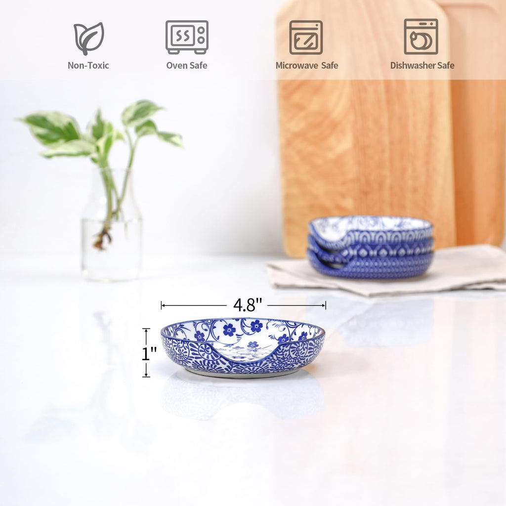 Selamica Ceramic Spoon Rest Set of 4 with Metal Holder – 4.8", Assorted Colors