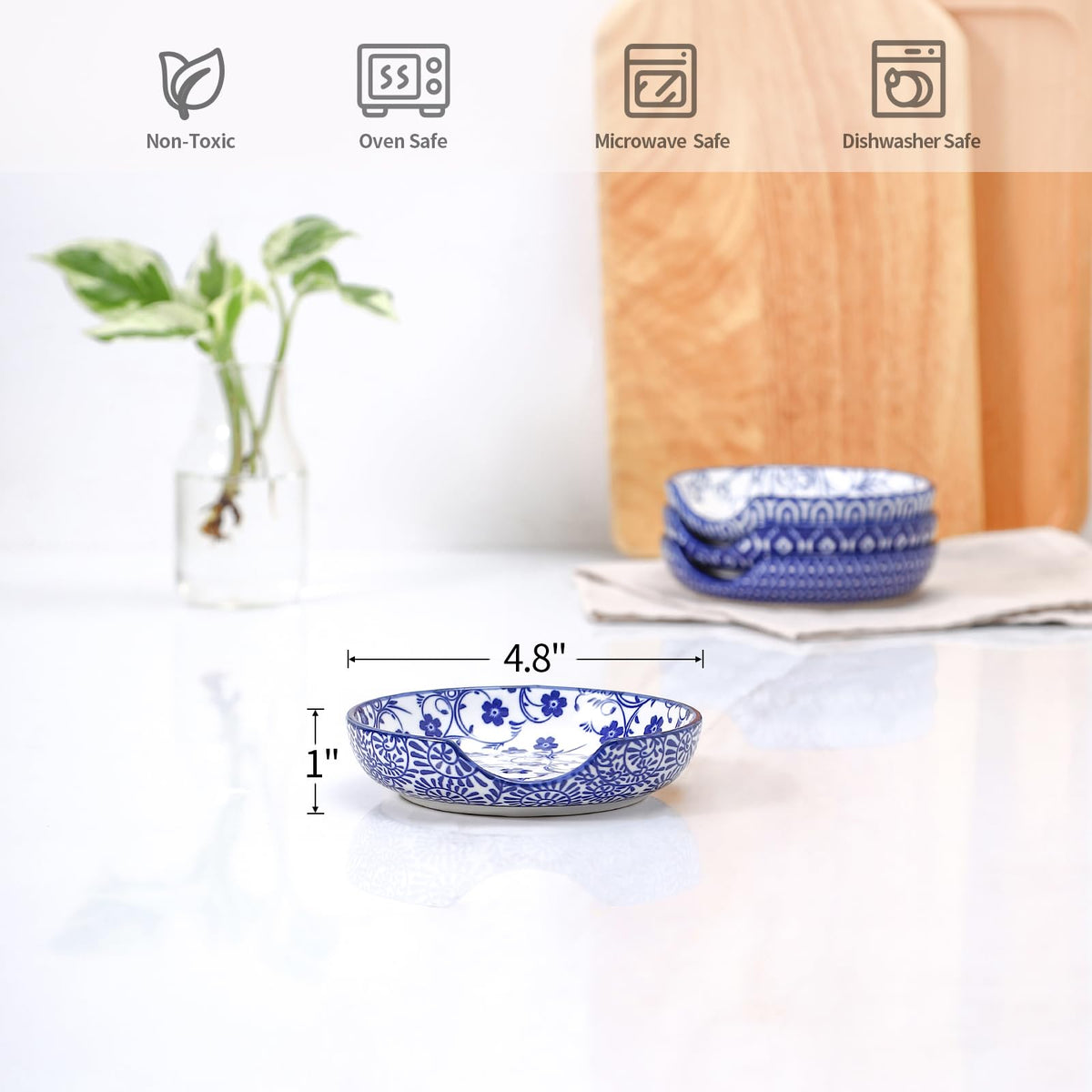 Selamica Ceramic Spoon Rest Set of 4 with Metal Holder – 4.8", Assorted Colors